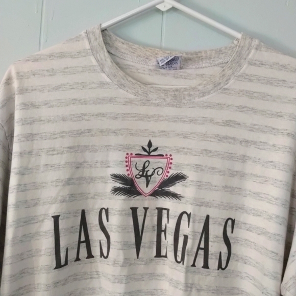 Vintage Las Vegas Crop Top  T-shirt Cream Gray Nevada Striped One Size 90s - Picture 2 of 4